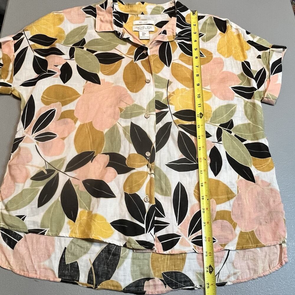 Rachel Zoe 100% Linen Top Botanical Tropical Leaves pleated buttonup small shirt - Picture 5 of 8